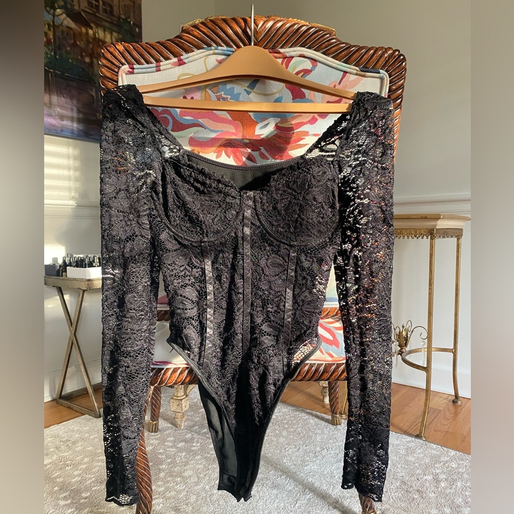 Long Sleeve Black Lace Bustier Bodysuit